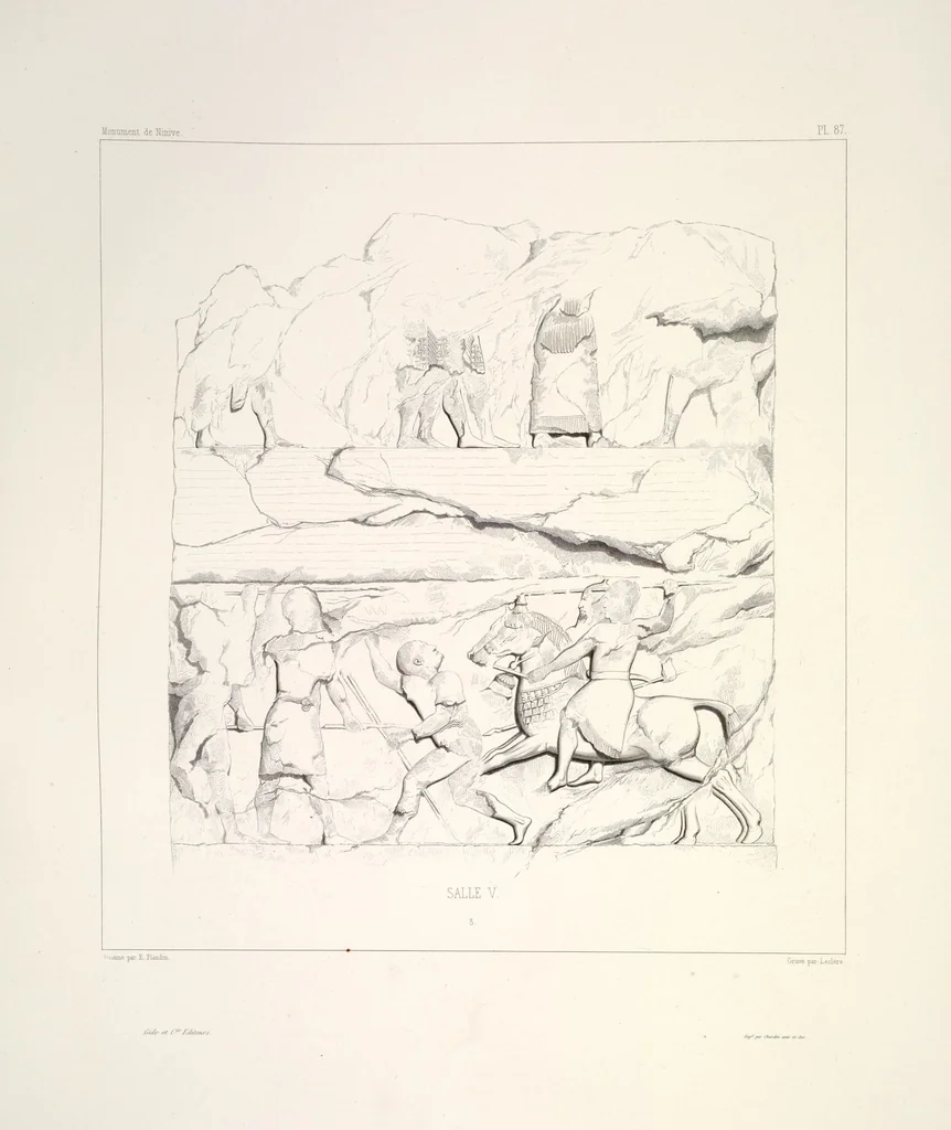 An illustration from Monument de Ninive, découvert et décrit par M.P.E. Botta; mesuré et dessiné par M.E. Flandin. Ouvrage publié par ordre du gouvernement sous les auspices de M. le ministre de l'intérieur et sous la direction d'une commission de l'Institut, 1849, leaf 92