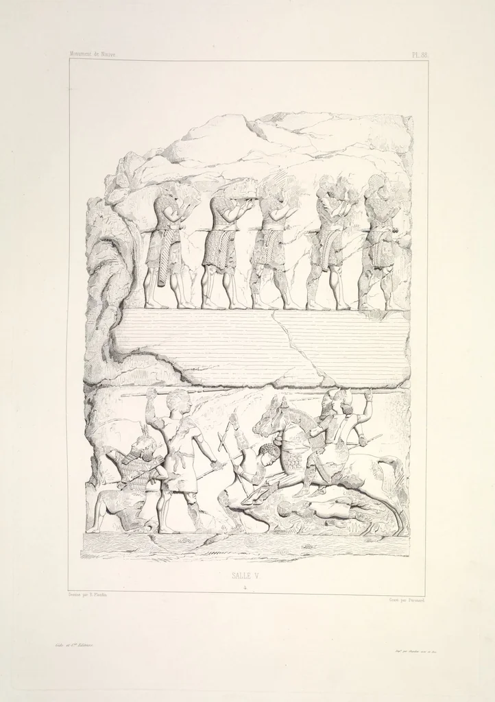 An illustration from Monument de Ninive, découvert et décrit par M.P.E. Botta; mesuré et dessiné par M.E. Flandin. Ouvrage publié par ordre du gouvernement sous les auspices de M. le ministre de l'intérieur et sous la direction d'une commission de l'Institut, 1849, leaf 93