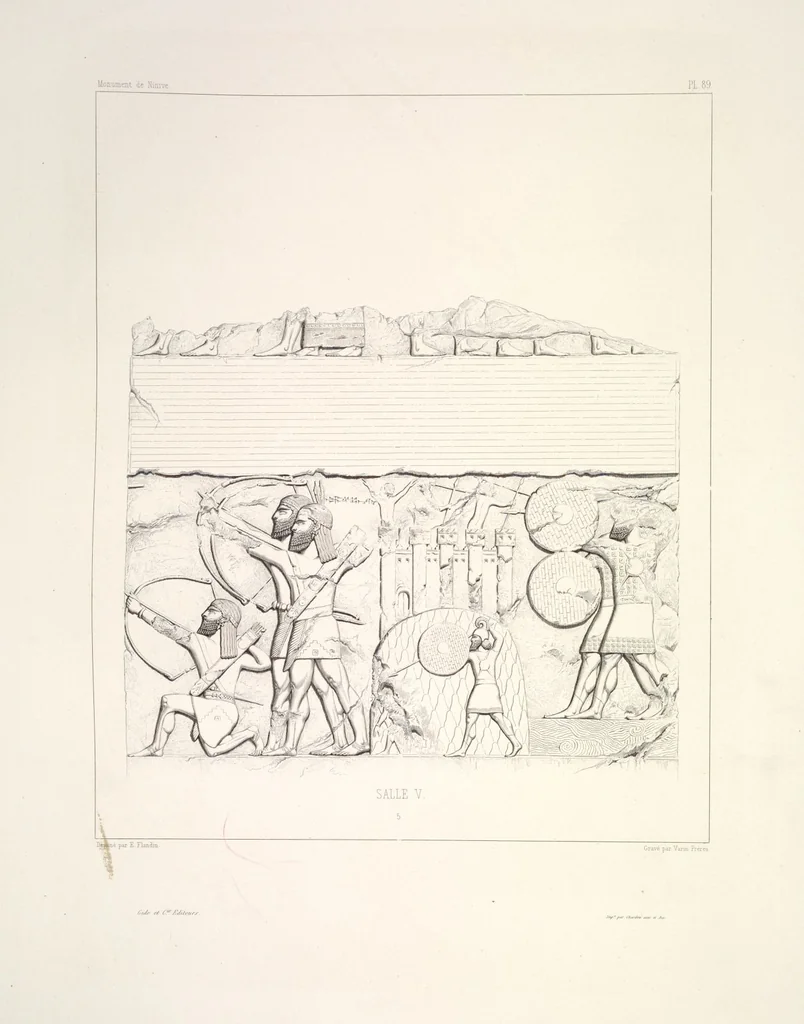 An illustration from Monument de Ninive, découvert et décrit par M.P.E. Botta; mesuré et dessiné par M.E. Flandin. Ouvrage publié par ordre du gouvernement sous les auspices de M. le ministre de l'intérieur et sous la direction d'une commission de l'Institut, 1849, leaf 94