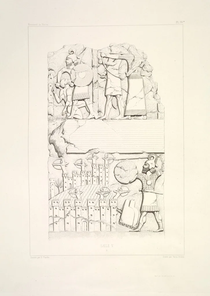 An illustration from Monument de Ninive, découvert et décrit par M.P.E. Botta; mesuré et dessiné par M.E. Flandin. Ouvrage publié par ordre du gouvernement sous les auspices de M. le ministre de l'intérieur et sous la direction d'une commission de l'Institut, 1849, leaf 95