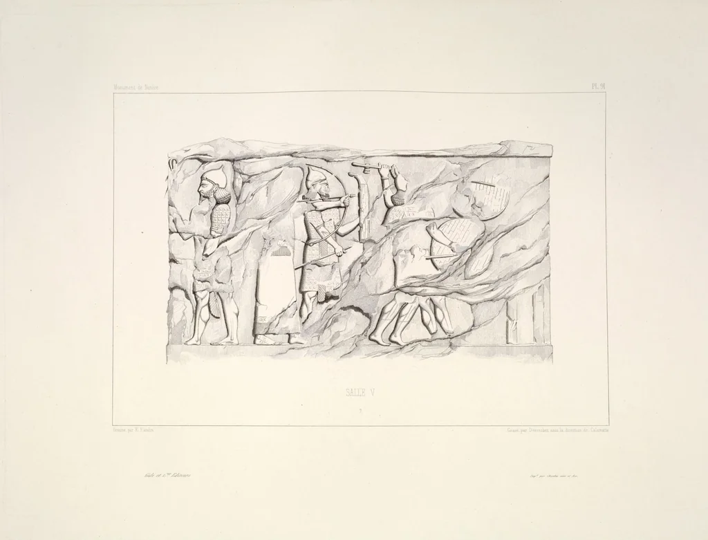 An illustration from Monument de Ninive, découvert et décrit par M.P.E. Botta; mesuré et dessiné par M.E. Flandin. Ouvrage publié par ordre du gouvernement sous les auspices de M. le ministre de l'intérieur et sous la direction d'une commission de l'Institut, 1849, leaf 96