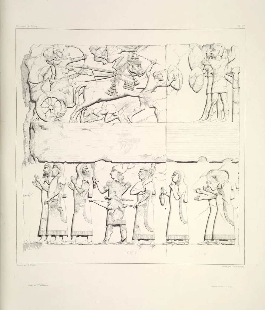 An illustration from Monument de Ninive, découvert et décrit par M.P.E. Botta; mesuré et dessiné par M.E. Flandin. Ouvrage publié par ordre du gouvernement sous les auspices de M. le ministre de l'intérieur et sous la direction d'une commission de l'Institut, 1849, leaf 97