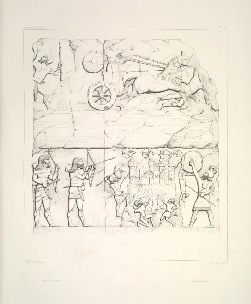 An illustration from Monument de Ninive, découvert et décrit par M.P.E. Botta; mesuré et dessiné par M.E. Flandin. Ouvrage publié par ordre du gouvernement sous les auspices de M. le ministre de l'intérieur et sous la direction d'une commission de l'Institut, 1849, leaf 98