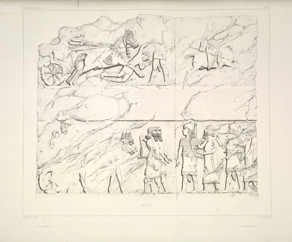 An illustration from Monument de Ninive, découvert et décrit par M.P.E. Botta; mesuré et dessiné par M.E. Flandin. Ouvrage publié par ordre du gouvernement sous les auspices de M. le ministre de l'intérieur et sous la direction d'une commission de l'Institut, 1849, leaf 99