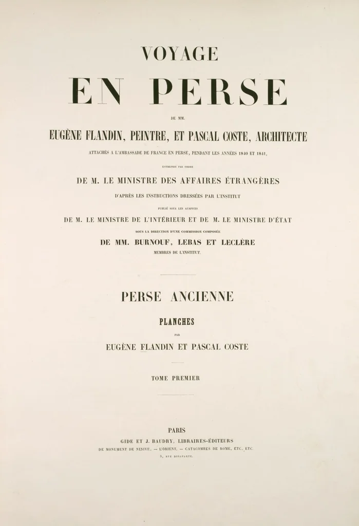 An illustration from Voyage en Perse de mm. Eugène Flandin, peintre, et Pascal Coste, architecte, entrepris par ordre de m. le ministre des affaires étrangères, d'après les instructions dressées par l'Institut. Publié sous les auspices de m. le ministre de l'intérieur, 1851, leaf 5