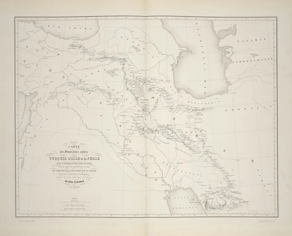 An illustration from Voyage en Perse de mm. Eugène Flandin, peintre, et Pascal Coste, architecte, entrepris par ordre de m. le ministre des affaires étrangères, d'après les instructions dressées par l'Institut. Publié sous les auspices de m. le ministre de l'intérieur, 1851, leaf 6