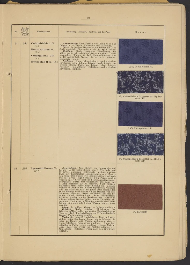An illustration from Tabellarische Übersicht über die künstlichen organischen Farbstoffe und ihre Anwendung in Färberei und Zeugdruck, 1905, leaf 5