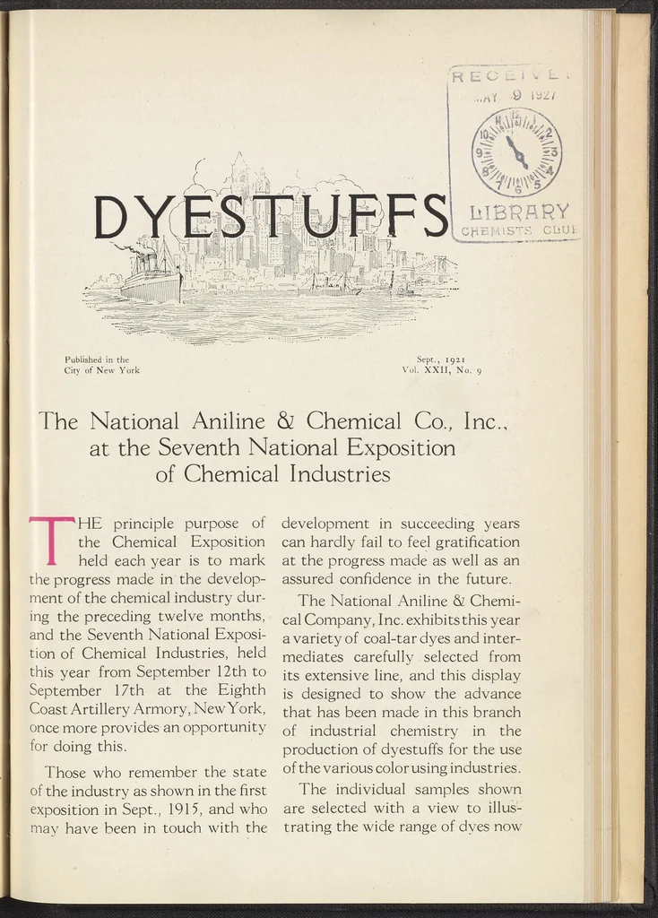An illustration from Dyestuffs, Volume 22 Number 9, 1921, leaf 1