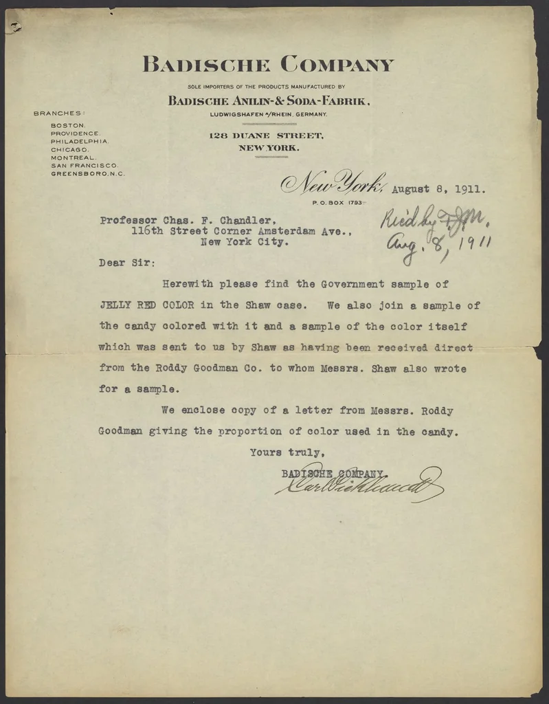 An illustration from Letter from the Badische Company to Charles F. Chandler, 1911, leaf 1