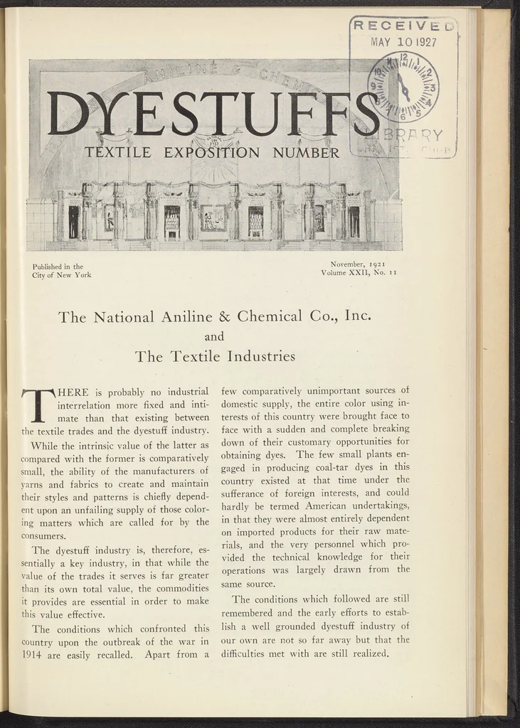 An illustration from Dyestuffs, Volume 22 Number 11, 1921, leaf 1