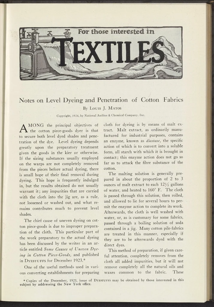 An illustration from Dyestuffs, Volume 25 Number 5, 1924, leaf 1
