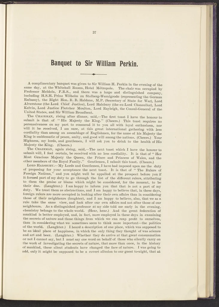An illustration from Jubilee of the Discovery of Mauve and of the Foundation of the Coal-Tar Colour Industry, 1906, leaf 49