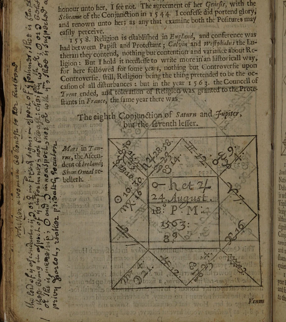 An illustration from Englands propheticall Merline, : foretelling to all nations of Europe untill 1663. the actions depending upon the influence of the conjunction of Saturn and Jupiter, 1642[/]3. The progresse and motion of the Comet 1618. under whole effects we in England, and most regions of Europe now suffer. What kingdomes must yet partake of the remainder of the influence, viz. of war, plague, famine, &c. When the English Common-wealth may expect peace, and the city of London better times. The beginning, and end of the Watry Trygon: an entrance of the fiery triplicity, 1603. The nativities of some English kings, and some horary questions inserted: / performed by William Lilly, student in astrologie., 1644, leaf 42