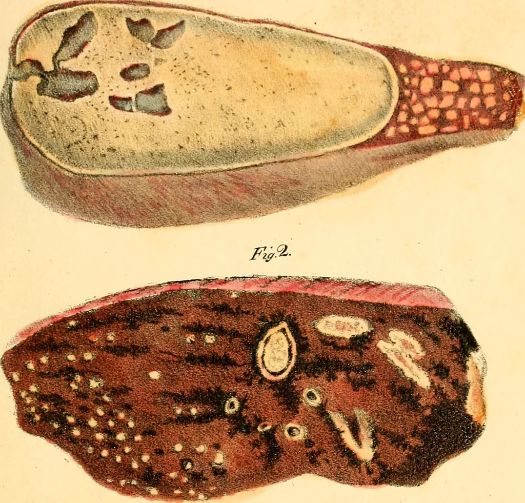 An illustration from Illustrations of pulmonary consumption : its anatomical characters, causes, symptoms and treatment. With twelve plates, drawn and coloured from nature / By Samuel George Morton., 1834, leaf 193