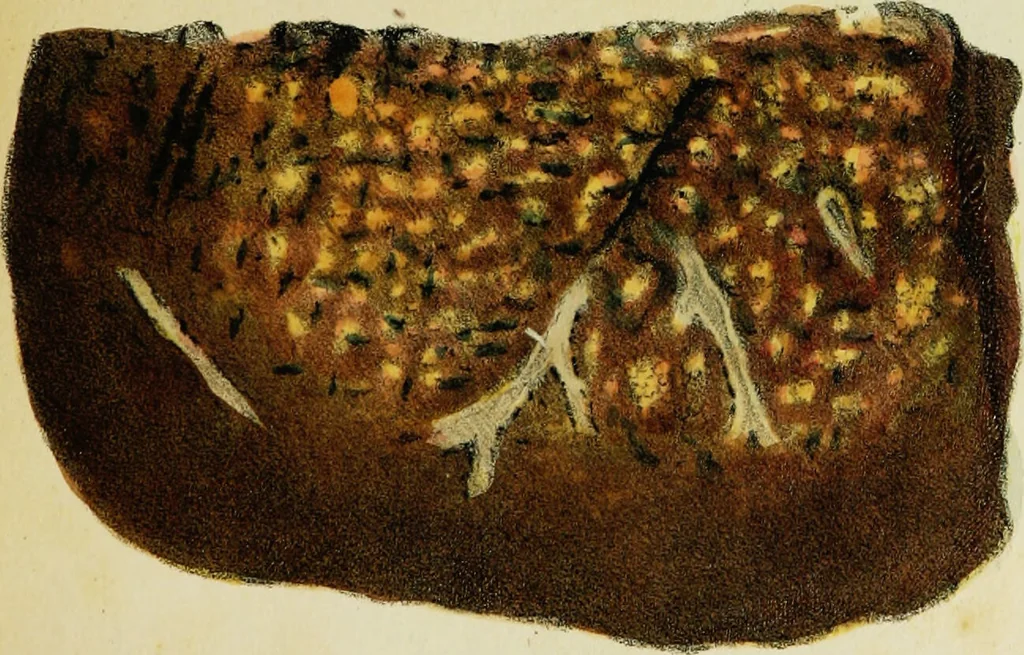 An illustration from Illustrations of pulmonary consumption : its anatomical characters, causes, symptoms and treatment. With twelve plates, drawn and coloured from nature / By Samuel George Morton., 1834, leaf 195