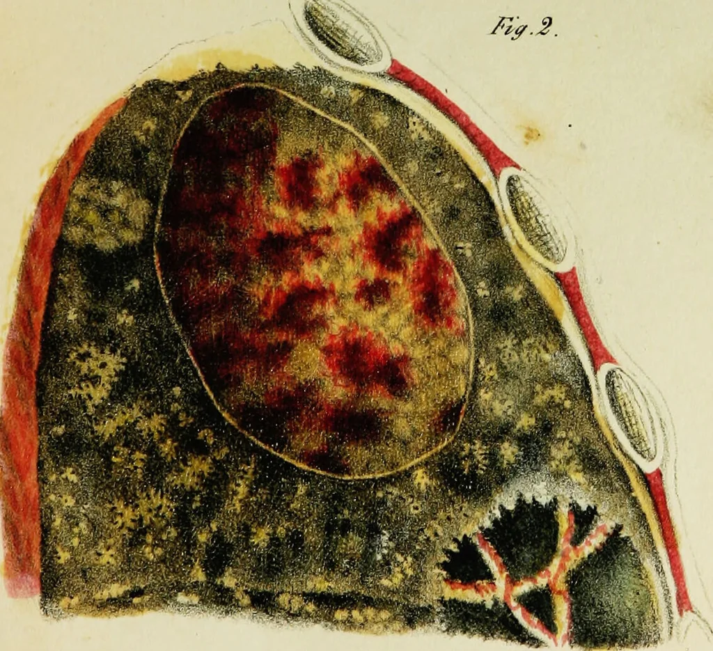An illustration from Illustrations of pulmonary consumption : its anatomical characters, causes, symptoms and treatment. With twelve plates, drawn and coloured from nature / By Samuel George Morton., 1834, leaf 199