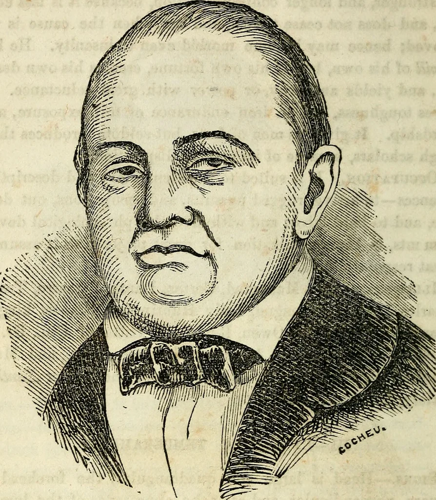 An illustration from An epitome of phrenology and temperamental physiology ; (containing several new features,) delineating the character, talents, disposition and natural ability of as given by on the day of A.D. 18 designed to aid persons in selecting occupations, employees, partners in business, teachers, etc., and to choose such husbands and wives as will render life's journey prosperous and happy, and confer the highest endowment of their offspring / By Dr. J. Gillis Buckly, lecturer on physiology, and for fifteen years a practical phrenologist., 1857, leaf 56