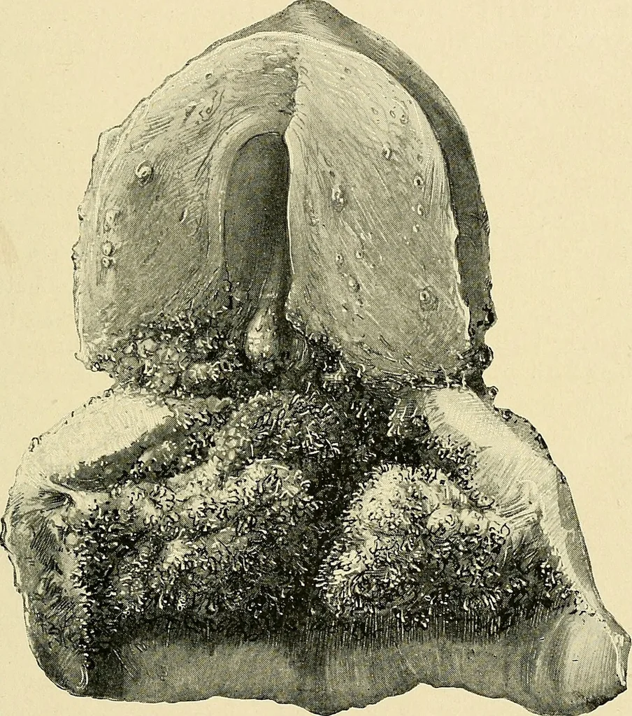 An illustration from Cancer of the uterus : its pathology, symptomatology, diagnosis, and treatment : also the pathology of diseases of the endometrium / by Thomas Stephen Cullen ; with eleven lithographic plates and over three hundred coloured and black illustrations in the text by May Brödel and Hermann Becker., 1900, leaf 109