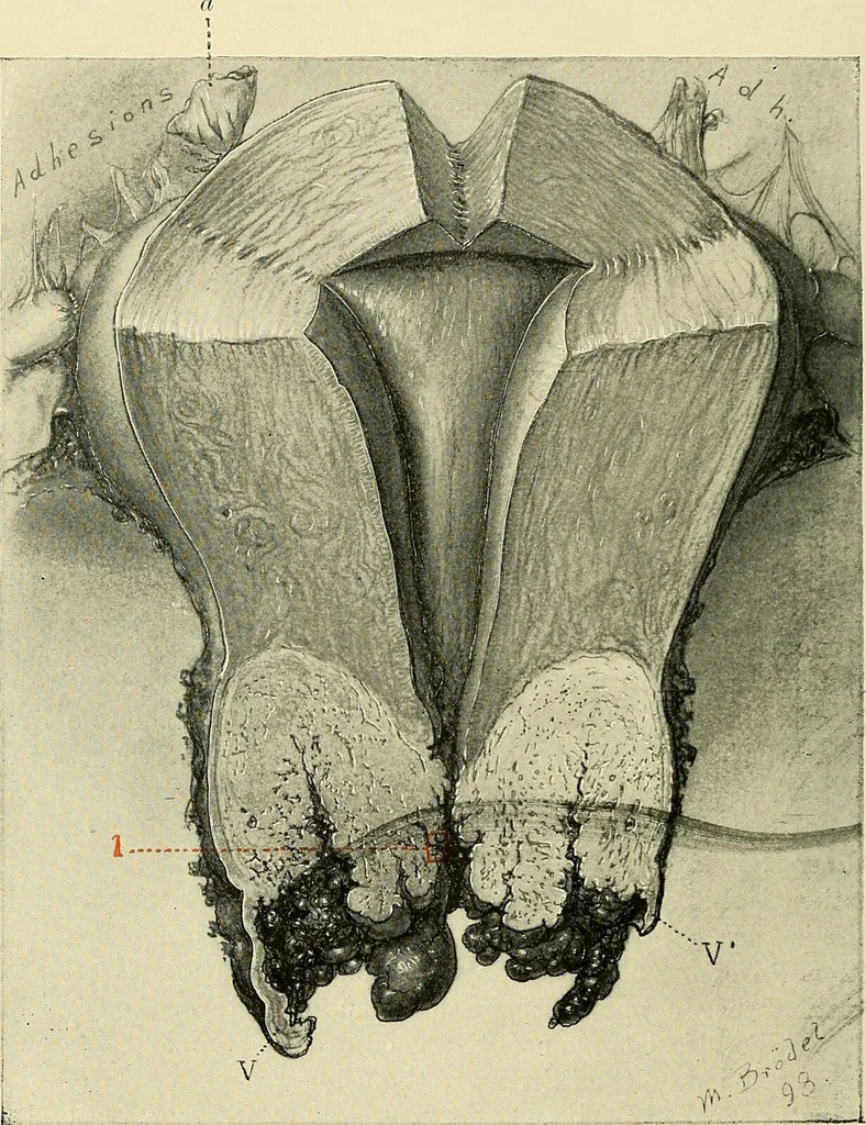 An illustration from Cancer of the uterus : its pathology, symptomatology, diagnosis, and treatment : also the pathology of diseases of the endometrium / by Thomas Stephen Cullen ; with eleven lithographic plates and over three hundred coloured and black illustrations in the text by May Brödel and Hermann Becker., 1900, leaf 112