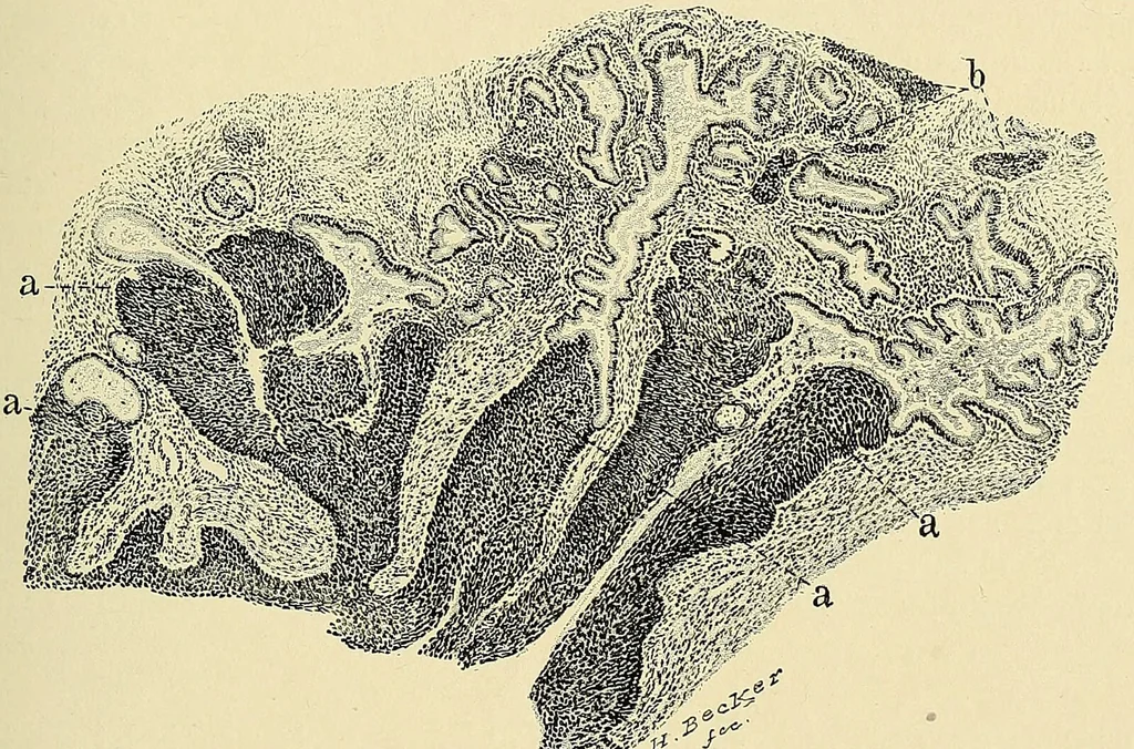 An illustration from Cancer of the uterus : its pathology, symptomatology, diagnosis, and treatment : also the pathology of diseases of the endometrium / by Thomas Stephen Cullen ; with eleven lithographic plates and over three hundred coloured and black illustrations in the text by May Brödel and Hermann Becker., 1900, leaf 125