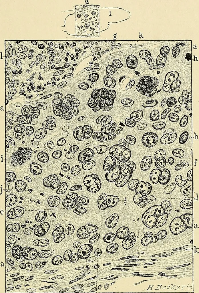 An illustration from Cancer of the uterus : its pathology, symptomatology, diagnosis, and treatment : also the pathology of diseases of the endometrium / by Thomas Stephen Cullen ; with eleven lithographic plates and over three hundred coloured and black illustrations in the text by May Brödel and Hermann Becker., 1900, leaf 127
