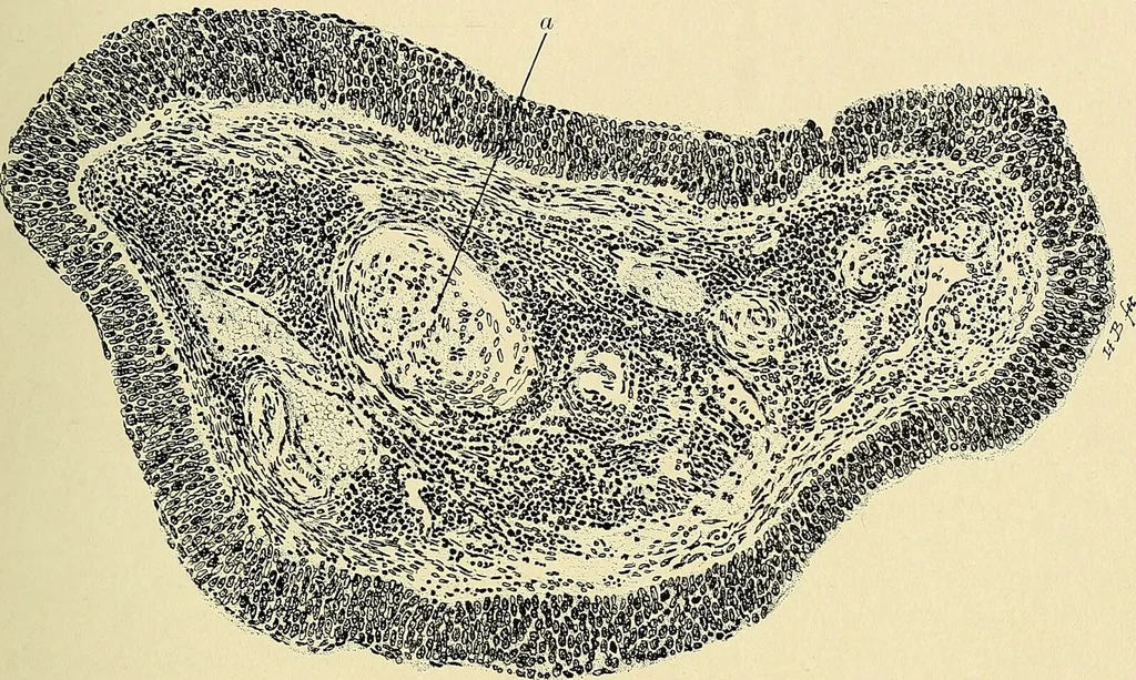 An illustration from Cancer of the uterus : its pathology, symptomatology, diagnosis, and treatment : also the pathology of diseases of the endometrium / by Thomas Stephen Cullen ; with eleven lithographic plates and over three hundred coloured and black illustrations in the text by May Brödel and Hermann Becker., 1900, leaf 135