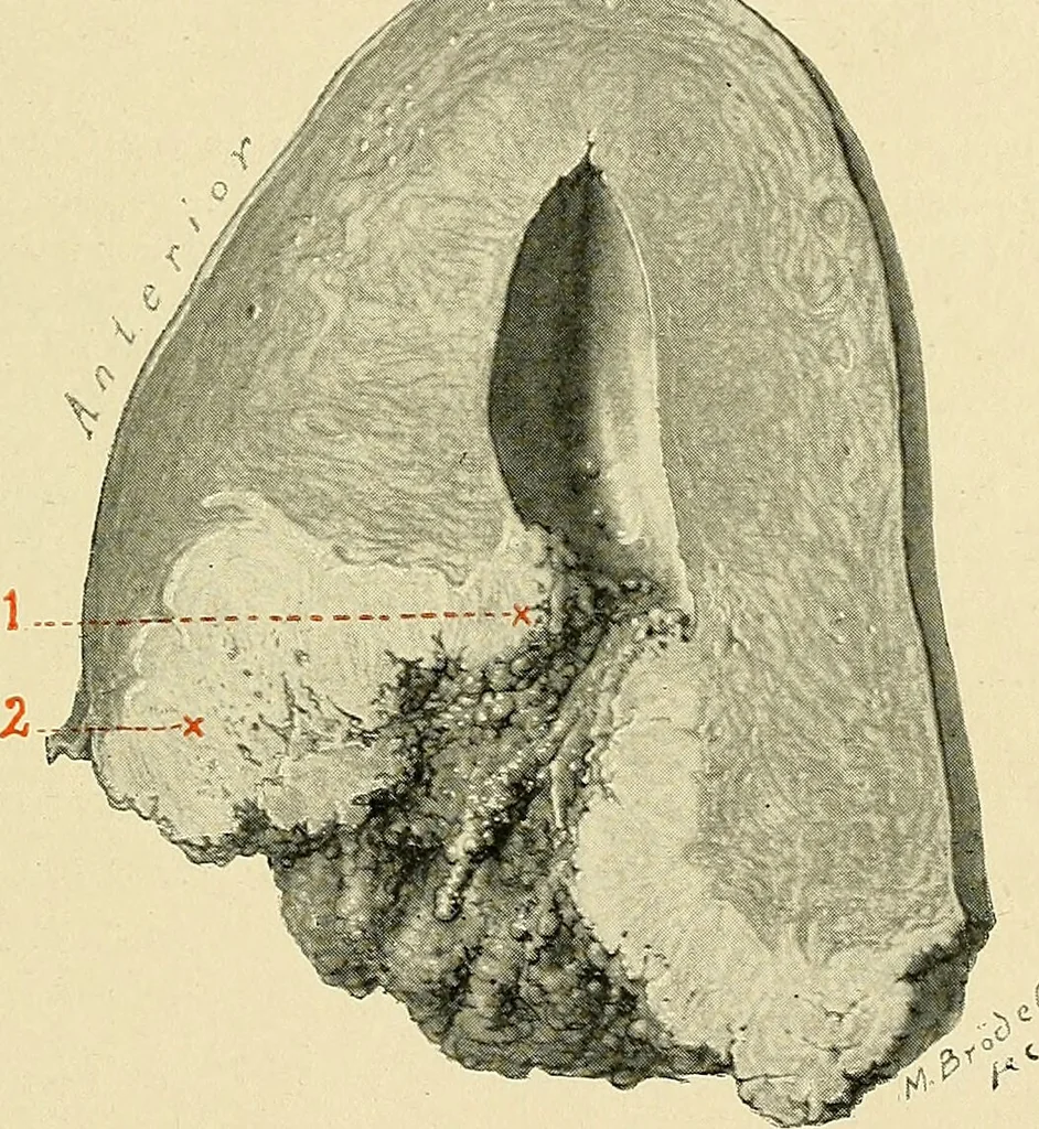 An illustration from Cancer of the uterus : its pathology, symptomatology, diagnosis, and treatment : also the pathology of diseases of the endometrium / by Thomas Stephen Cullen ; with eleven lithographic plates and over three hundred coloured and black illustrations in the text by May Brödel and Hermann Becker., 1900, leaf 149
