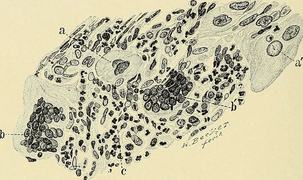 An illustration from Cancer of the uterus : its pathology, symptomatology, diagnosis, and treatment : also the pathology of diseases of the endometrium / by Thomas Stephen Cullen ; with eleven lithographic plates and over three hundred coloured and black illustrations in the text by May Brödel and Hermann Becker., 1900, leaf 150