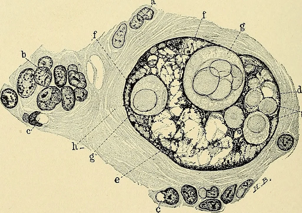 An illustration from Cancer of the uterus : its pathology, symptomatology, diagnosis, and treatment : also the pathology of diseases of the endometrium / by Thomas Stephen Cullen ; with eleven lithographic plates and over three hundred coloured and black illustrations in the text by May Brödel and Hermann Becker., 1900, leaf 178