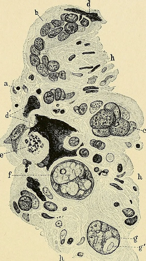 An illustration from Cancer of the uterus : its pathology, symptomatology, diagnosis, and treatment : also the pathology of diseases of the endometrium / by Thomas Stephen Cullen ; with eleven lithographic plates and over three hundred coloured and black illustrations in the text by May Brödel and Hermann Becker., 1900, leaf 179