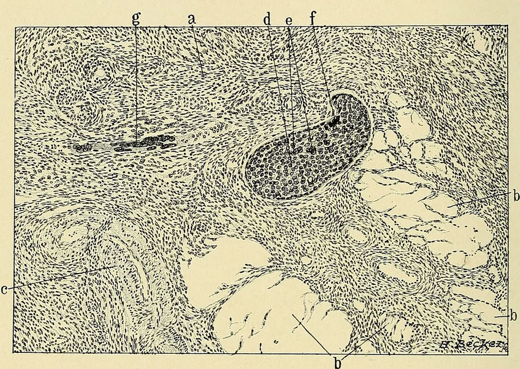 An illustration from Cancer of the uterus : its pathology, symptomatology, diagnosis, and treatment : also the pathology of diseases of the endometrium / by Thomas Stephen Cullen ; with eleven lithographic plates and over three hundred coloured and black illustrations in the text by May Brödel and Hermann Becker., 1900, leaf 180