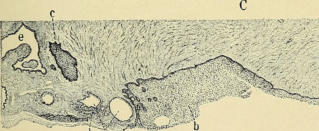 An illustration from Cancer of the uterus : its pathology, symptomatology, diagnosis, and treatment : also the pathology of diseases of the endometrium / by Thomas Stephen Cullen ; with eleven lithographic plates and over three hundred coloured and black illustrations in the text by May Brödel and Hermann Becker., 1900, leaf 227