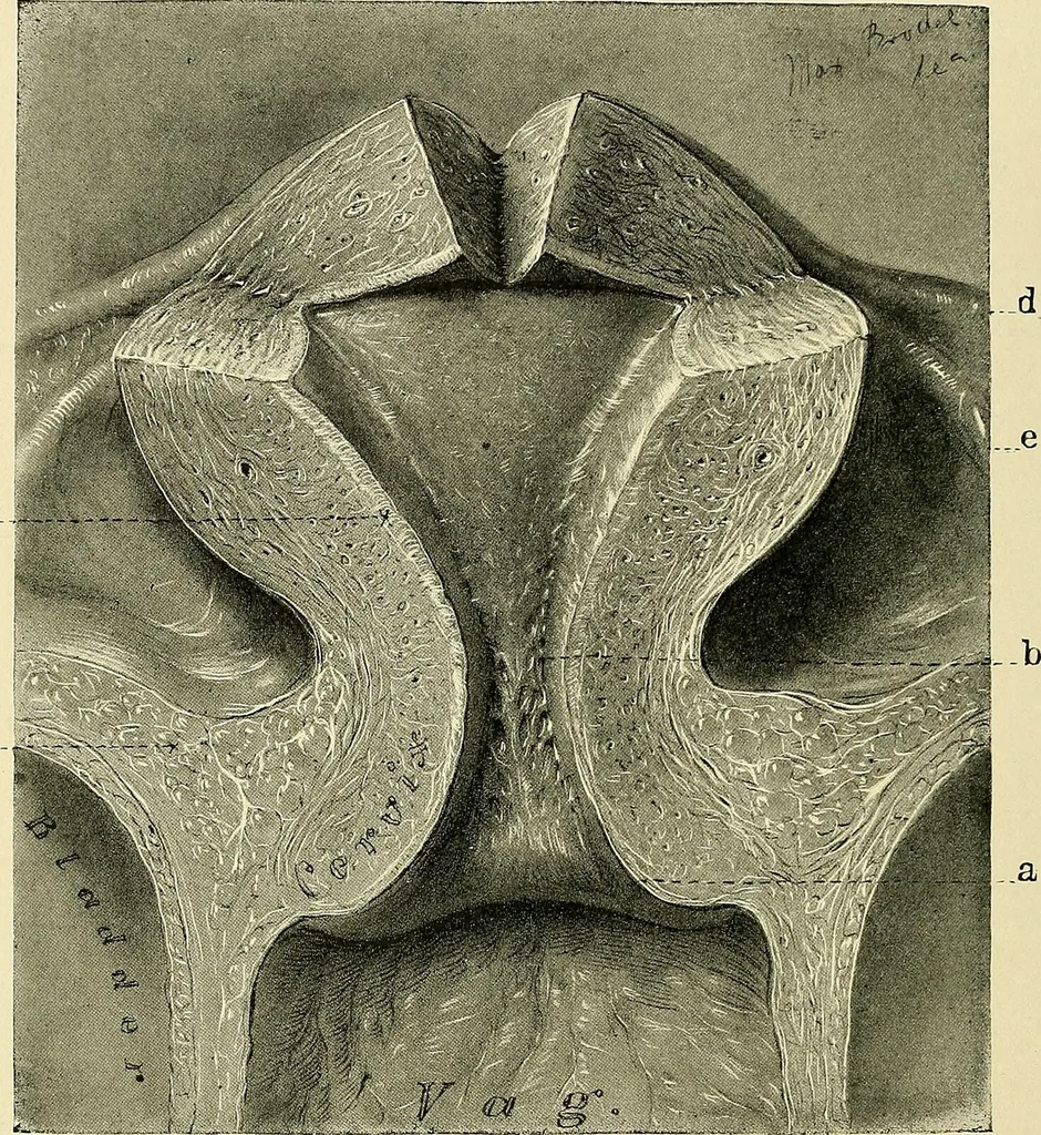 An illustration from Cancer of the uterus : its pathology, symptomatology, diagnosis, and treatment : also the pathology of diseases of the endometrium / by Thomas Stephen Cullen ; with eleven lithographic plates and over three hundred coloured and black illustrations in the text by May Brödel and Hermann Becker., 1900, leaf 28