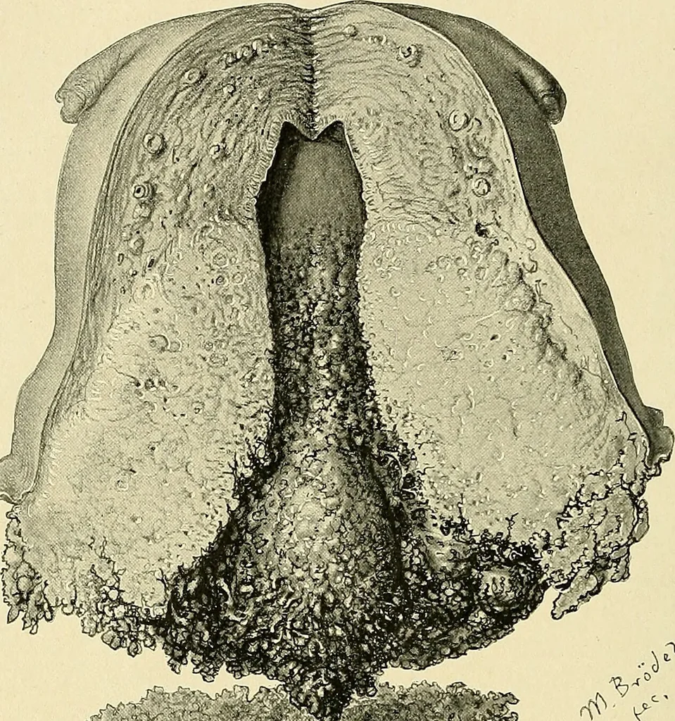 An illustration from Cancer of the uterus : its pathology, symptomatology, diagnosis, and treatment : also the pathology of diseases of the endometrium / by Thomas Stephen Cullen ; with eleven lithographic plates and over three hundred coloured and black illustrations in the text by May Brödel and Hermann Becker., 1900, leaf 318