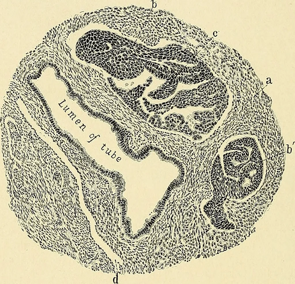 An illustration from Cancer of the uterus : its pathology, symptomatology, diagnosis, and treatment : also the pathology of diseases of the endometrium / by Thomas Stephen Cullen ; with eleven lithographic plates and over three hundred coloured and black illustrations in the text by May Brödel and Hermann Becker., 1900, leaf 364