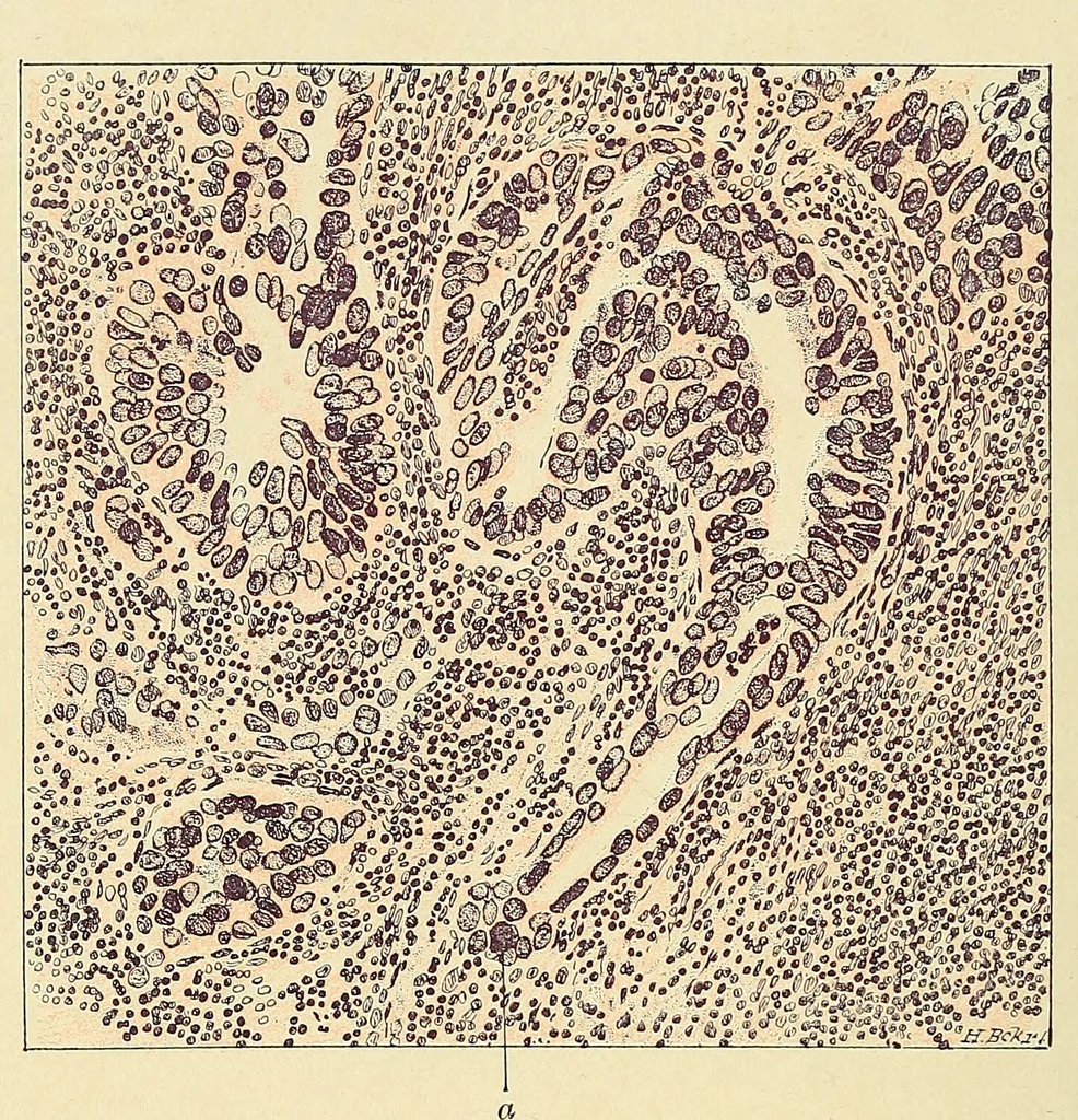 An illustration from Cancer of the uterus : its pathology, symptomatology, diagnosis, and treatment : also the pathology of diseases of the endometrium / by Thomas Stephen Cullen ; with eleven lithographic plates and over three hundred coloured and black illustrations in the text by May Brödel and Hermann Becker., 1900, leaf 370