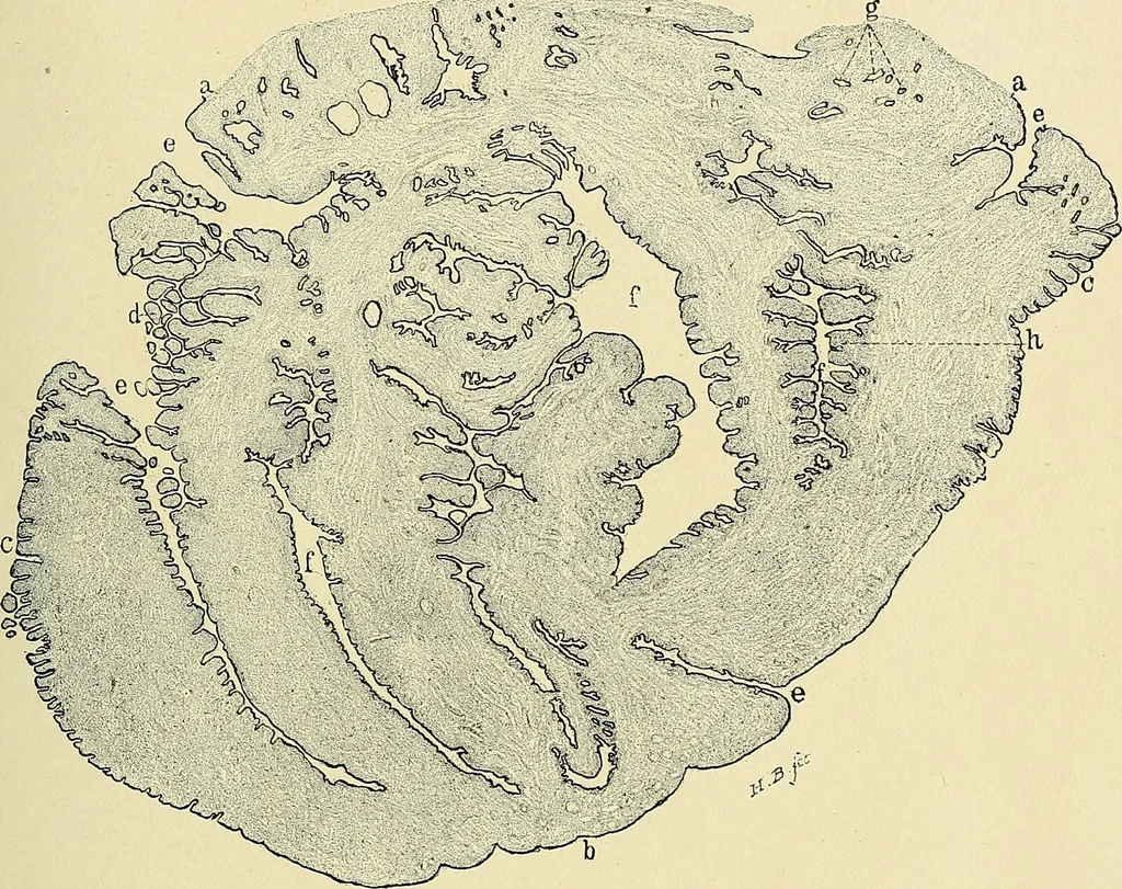 An illustration from Cancer of the uterus : its pathology, symptomatology, diagnosis, and treatment : also the pathology of diseases of the endometrium / by Thomas Stephen Cullen ; with eleven lithographic plates and over three hundred coloured and black illustrations in the text by May Brödel and Hermann Becker., 1900, leaf 395