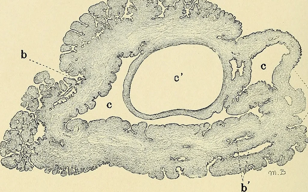 An illustration from Cancer of the uterus : its pathology, symptomatology, diagnosis, and treatment : also the pathology of diseases of the endometrium / by Thomas Stephen Cullen ; with eleven lithographic plates and over three hundred coloured and black illustrations in the text by May Brödel and Hermann Becker., 1900, leaf 398