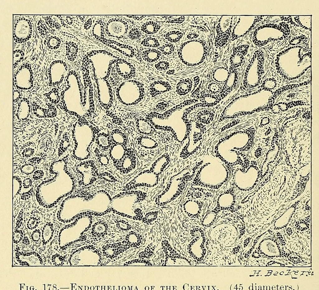 An illustration from Cancer of the uterus : its pathology, symptomatology, diagnosis, and treatment : also the pathology of diseases of the endometrium / by Thomas Stephen Cullen ; with eleven lithographic plates and over three hundred coloured and black illustrations in the text by May Brödel and Hermann Becker., 1900, leaf 404