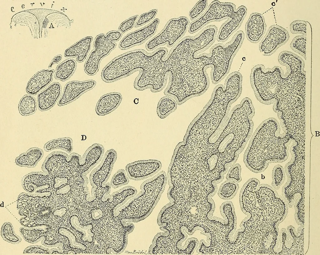 An illustration from Cancer of the uterus : its pathology, symptomatology, diagnosis, and treatment : also the pathology of diseases of the endometrium / by Thomas Stephen Cullen ; with eleven lithographic plates and over three hundred coloured and black illustrations in the text by May Brödel and Hermann Becker., 1900, leaf 42