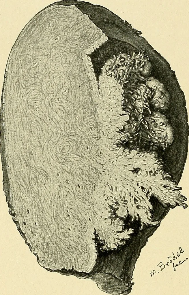 An illustration from Cancer of the uterus : its pathology, symptomatology, diagnosis, and treatment : also the pathology of diseases of the endometrium / by Thomas Stephen Cullen ; with eleven lithographic plates and over three hundred coloured and black illustrations in the text by May Brödel and Hermann Becker., 1900, leaf 428