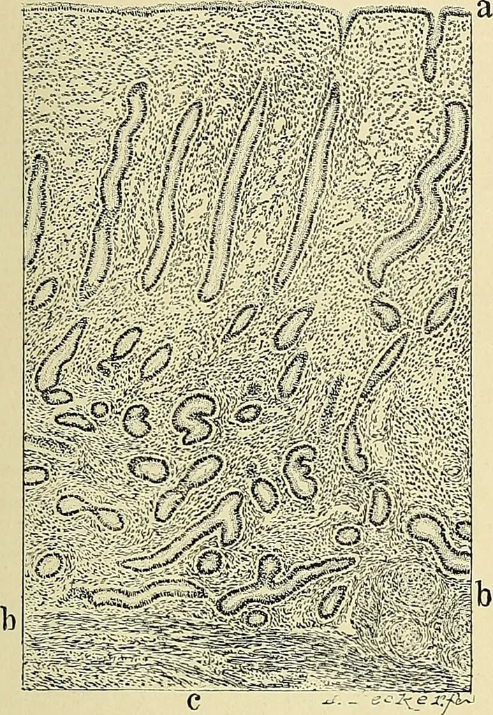 An illustration from Cancer of the uterus : its pathology, symptomatology, diagnosis, and treatment : also the pathology of diseases of the endometrium / by Thomas Stephen Cullen ; with eleven lithographic plates and over three hundred coloured and black illustrations in the text by May Brödel and Hermann Becker., 1900, leaf 43