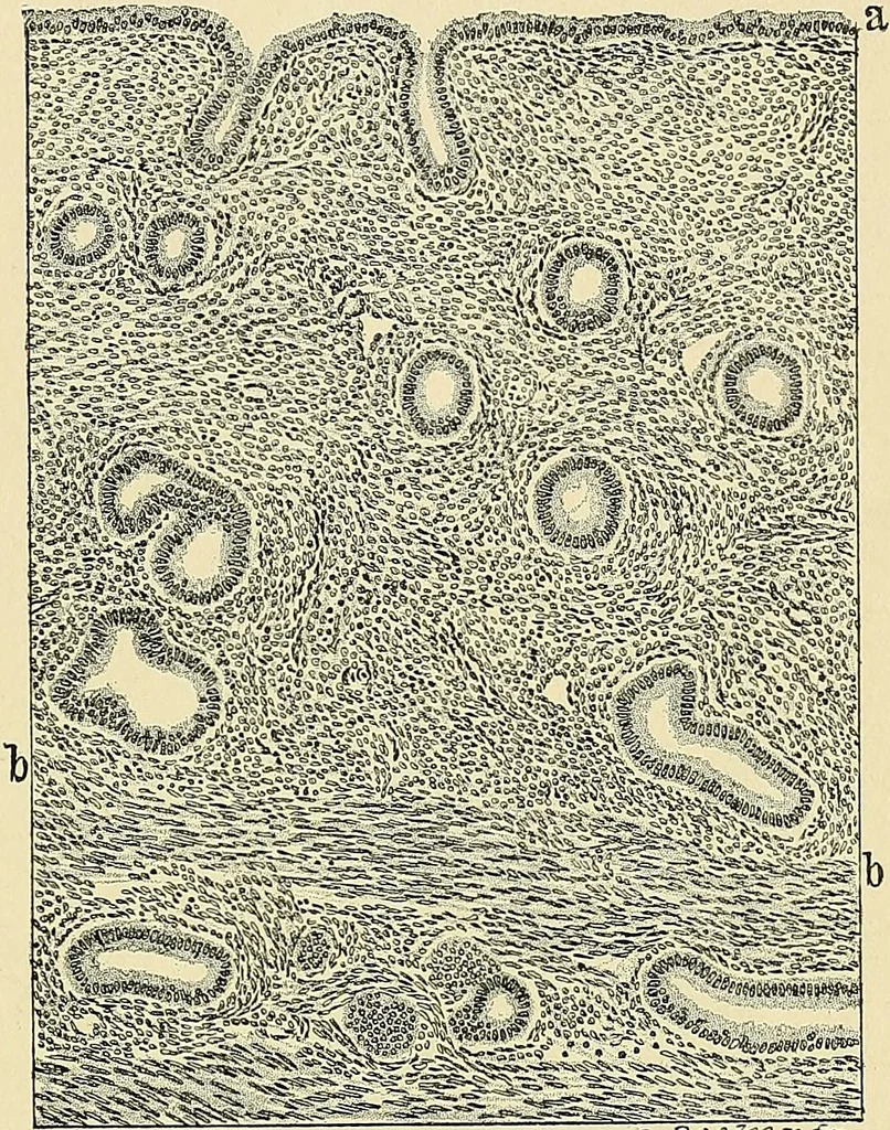An illustration from Cancer of the uterus : its pathology, symptomatology, diagnosis, and treatment : also the pathology of diseases of the endometrium / by Thomas Stephen Cullen ; with eleven lithographic plates and over three hundred coloured and black illustrations in the text by May Brödel and Hermann Becker., 1900, leaf 43