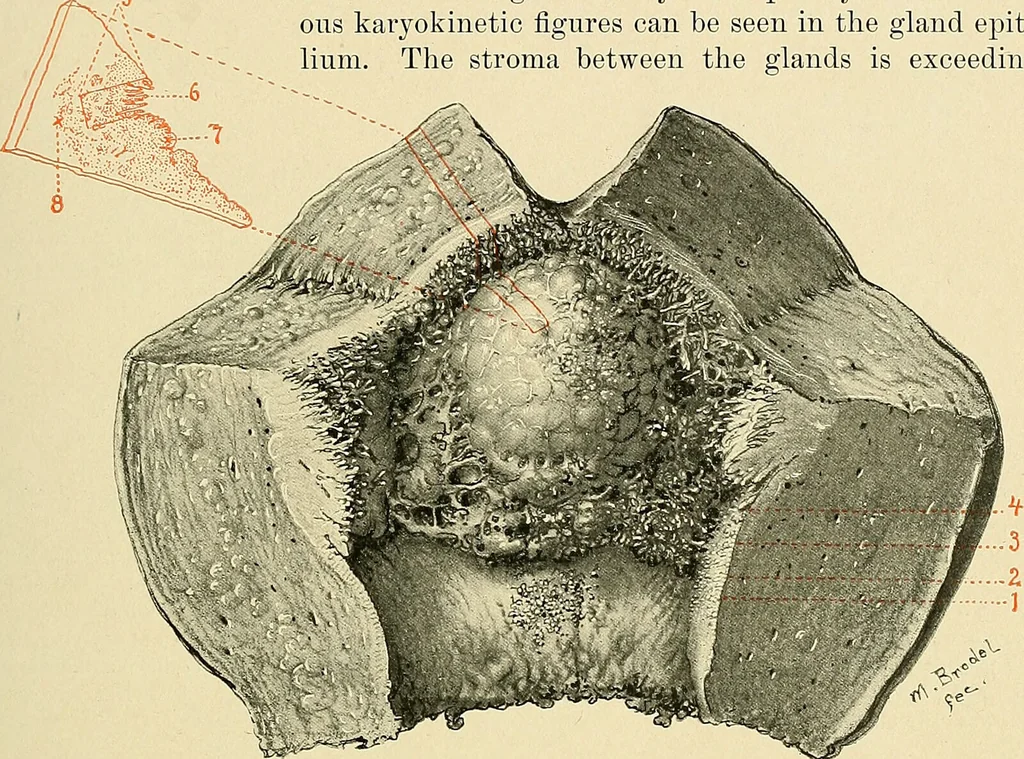 An illustration from Cancer of the uterus : its pathology, symptomatology, diagnosis, and treatment : also the pathology of diseases of the endometrium / by Thomas Stephen Cullen ; with eleven lithographic plates and over three hundred coloured and black illustrations in the text by May Brödel and Hermann Becker., 1900, leaf 431