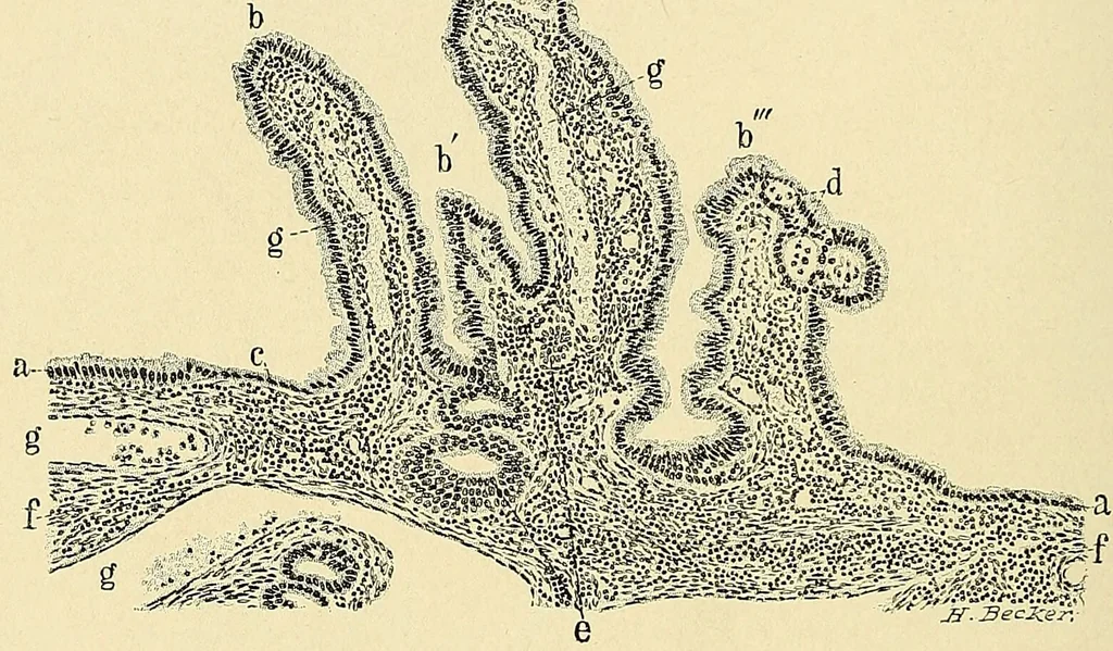 An illustration from Cancer of the uterus : its pathology, symptomatology, diagnosis, and treatment : also the pathology of diseases of the endometrium / by Thomas Stephen Cullen ; with eleven lithographic plates and over three hundred coloured and black illustrations in the text by May Brödel and Hermann Becker., 1900, leaf 434