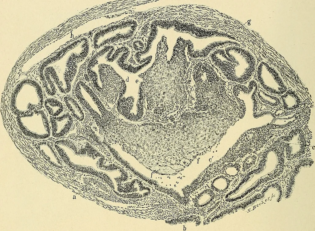 An illustration from Cancer of the uterus : its pathology, symptomatology, diagnosis, and treatment : also the pathology of diseases of the endometrium / by Thomas Stephen Cullen ; with eleven lithographic plates and over three hundred coloured and black illustrations in the text by May Brödel and Hermann Becker., 1900, leaf 440