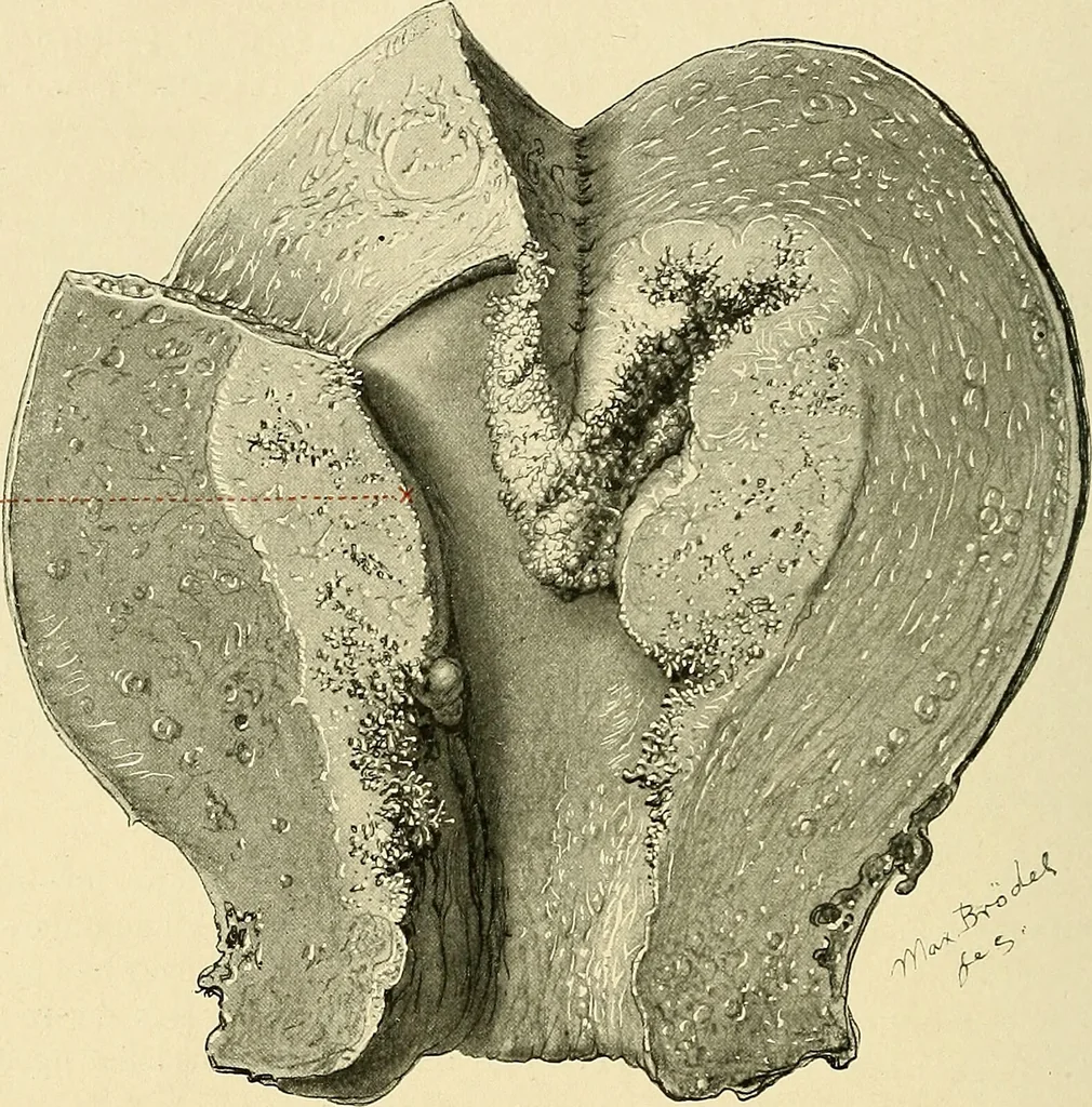 An illustration from Cancer of the uterus : its pathology, symptomatology, diagnosis, and treatment : also the pathology of diseases of the endometrium / by Thomas Stephen Cullen ; with eleven lithographic plates and over three hundred coloured and black illustrations in the text by May Brödel and Hermann Becker., 1900, leaf 442