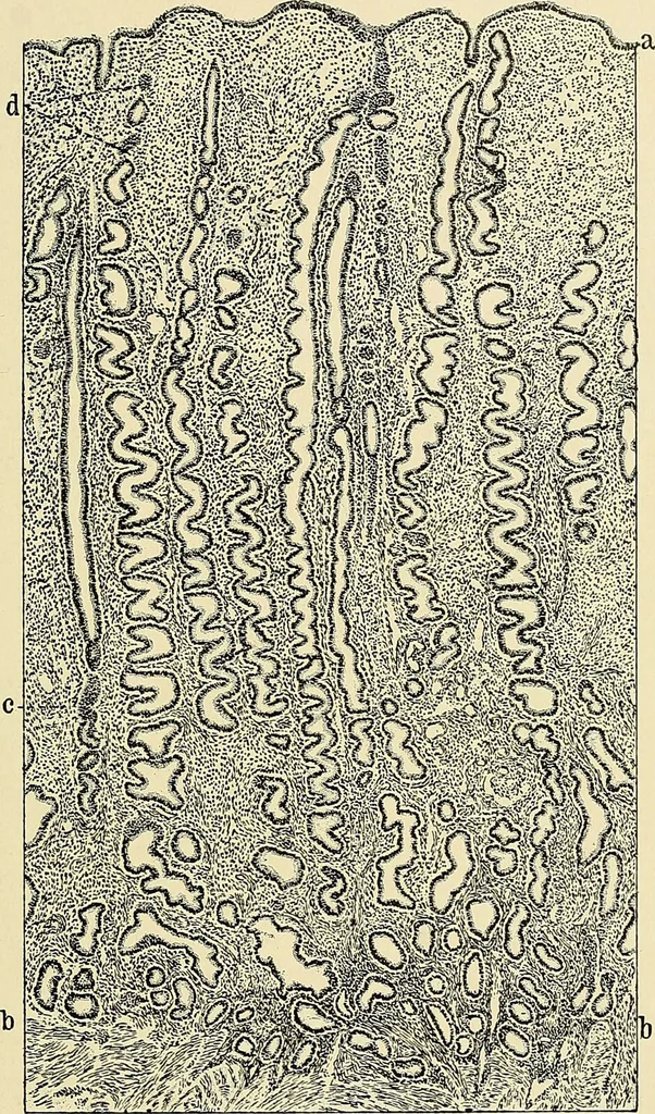 An illustration from Cancer of the uterus : its pathology, symptomatology, diagnosis, and treatment : also the pathology of diseases of the endometrium / by Thomas Stephen Cullen ; with eleven lithographic plates and over three hundred coloured and black illustrations in the text by May Brödel and Hermann Becker., 1900, leaf 45