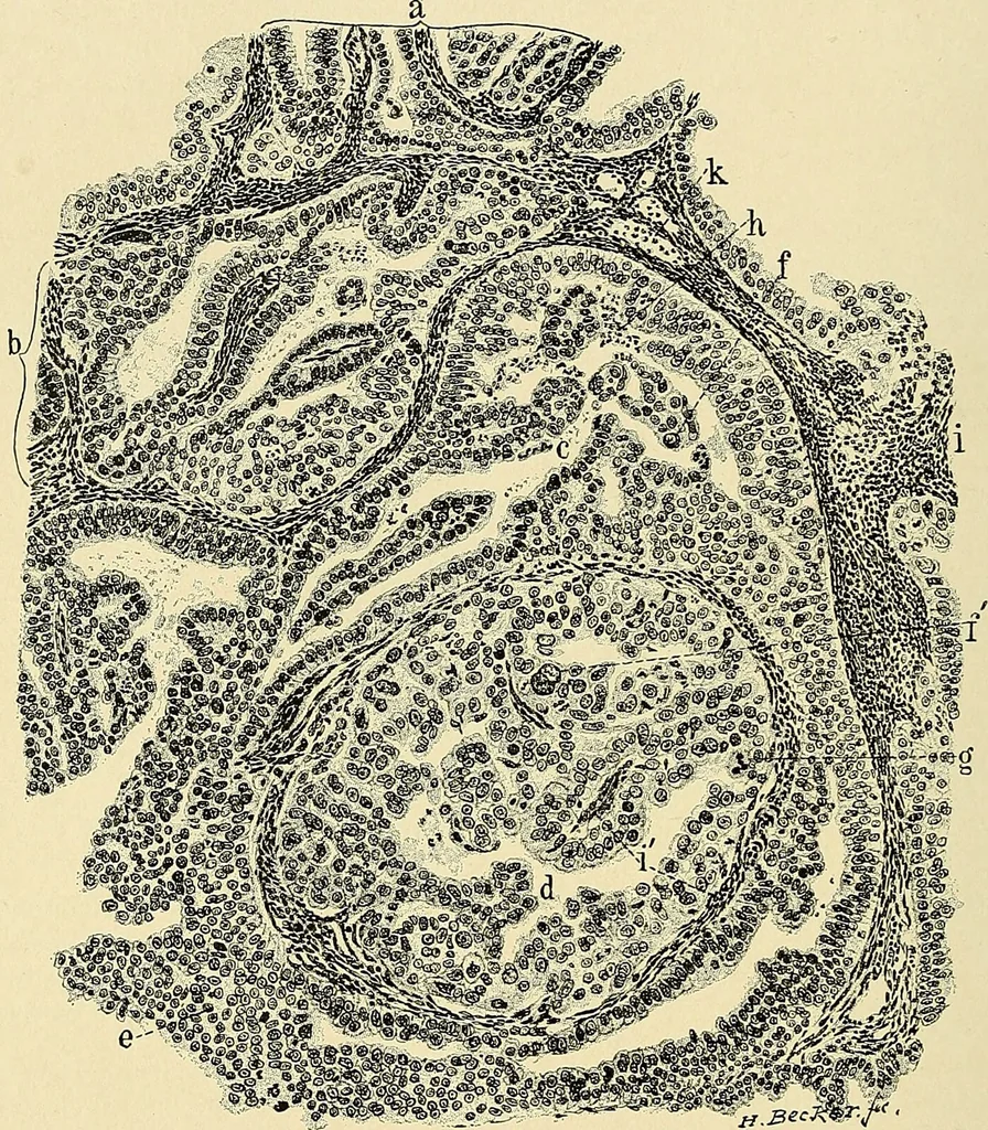 An illustration from Cancer of the uterus : its pathology, symptomatology, diagnosis, and treatment : also the pathology of diseases of the endometrium / by Thomas Stephen Cullen ; with eleven lithographic plates and over three hundred coloured and black illustrations in the text by May Brödel and Hermann Becker., 1900, leaf 450
