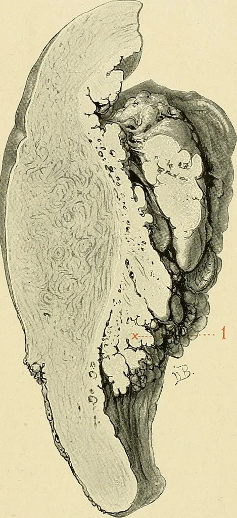 An illustration from Cancer of the uterus : its pathology, symptomatology, diagnosis, and treatment : also the pathology of diseases of the endometrium / by Thomas Stephen Cullen ; with eleven lithographic plates and over three hundred coloured and black illustrations in the text by May Brödel and Hermann Becker., 1900, leaf 461